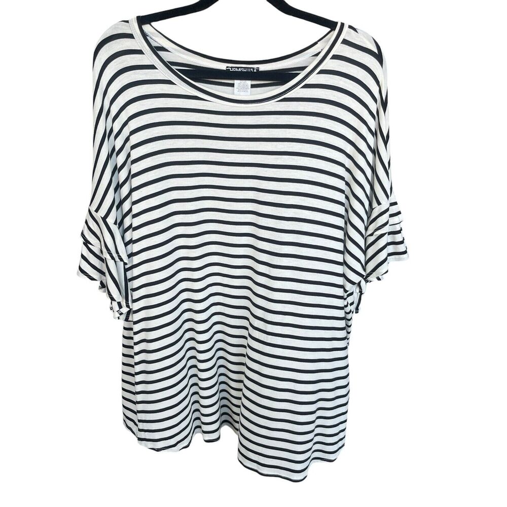 Heimish Blouse‎ Womens Plus Size 2X Cream Black Striped Ruffle Sleeve Boutique